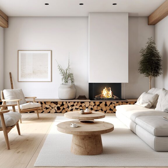 Insert à gaz VISIO 100 avec vitre sur trois côtés dans un salon confortable