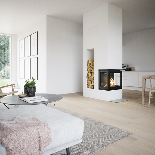 Insert de cheminée à bois R-600 tri-face dans un salon ouvert et lumineux