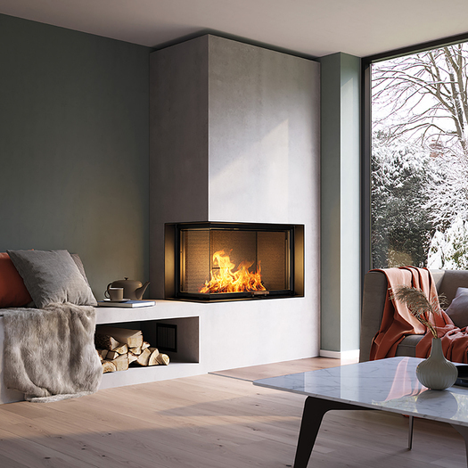 Insert de cheminée à bois VISIO 2 L avec un banc confortable dans le salon dans une ambiance hivernale