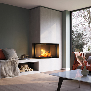 Insert de cheminée à bois VISIO 2 L avec un banc confortable dans le salon dans une ambiance hivernale