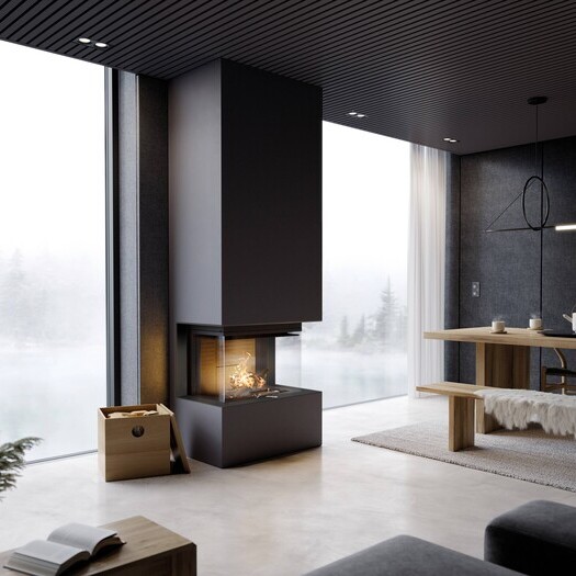 La cheminée à bois VISIO 3 UNIQ montre directement les flammes grâce à sa vitre tri-face avec cadre invisible et se trouve dans un salon moderne gris foncé