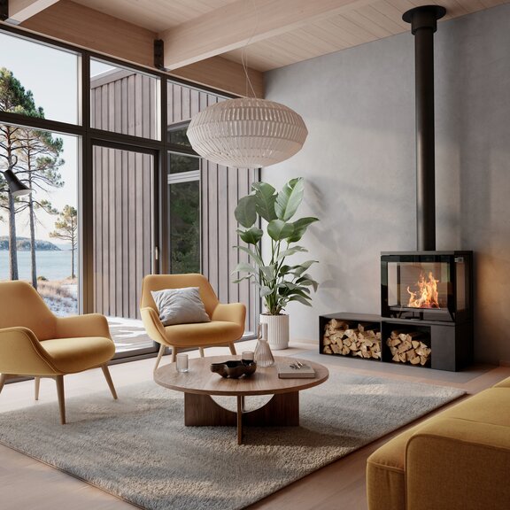 Holz-Kaminofen 600 ART im modernen Wohnzimmer mit gelben Möbeln und grosser Fensterfront