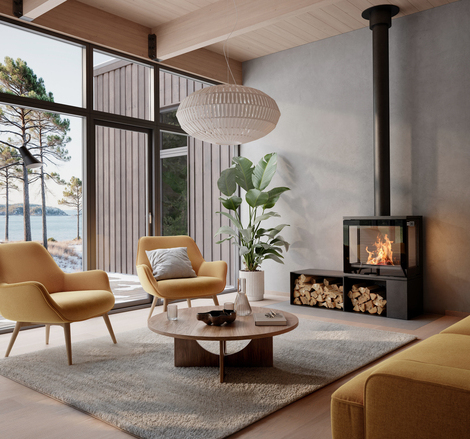 Holz-Kaminofen 600 ART im modernen Wohnzimmer mit gelben Möbeln und grosser Fensterfront