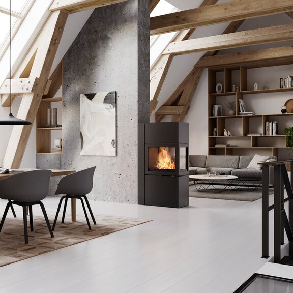 Séparateur de pièce 600 RD en noir avec plaque supérieure encastrée dans le salon et la salle à manger