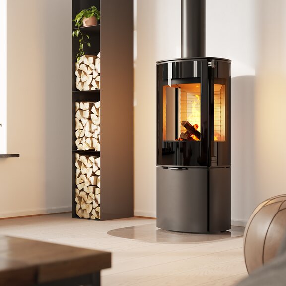 Poêle à bois CARO 110 en noir avec porte de foyer plein verre et vitre latérale