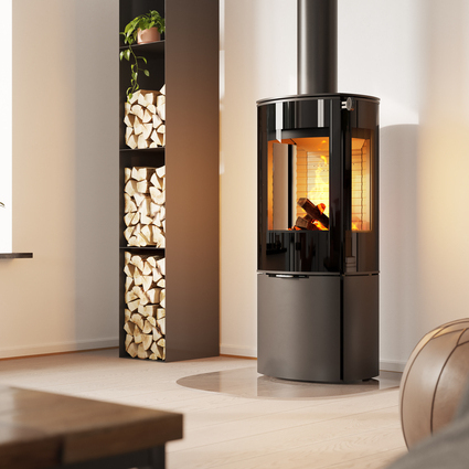 Poêle à bois CARO 110 en noir avec porte de foyer plein verre et vitre latérale