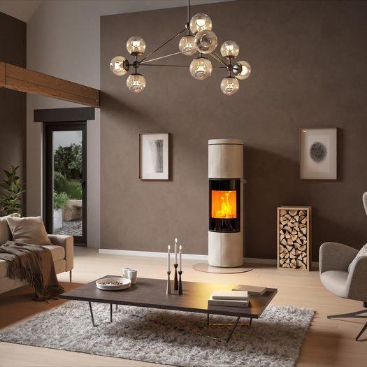 Poêle à bois JUNO 166 L avec revêtement en pierre naturelle Porto et porte de foyer plein verre dans un grand salon couleur terre