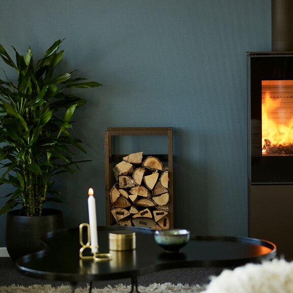 Holz-Kaminofen NEXO 120 in Schwarz mit Vollglas-Feuerraumtür und ruhigem Feuer vor einer petrolfarbenen Wand in stilvoller Wohnung