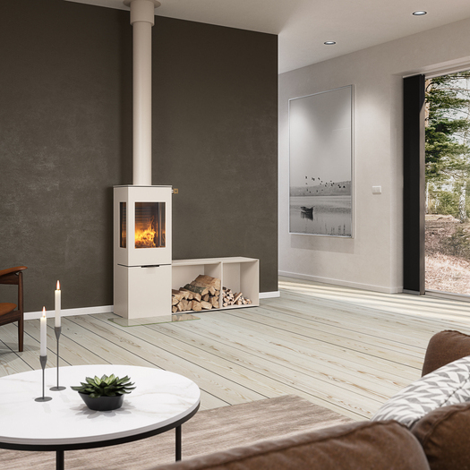 Poêle à bois NEXO 120 de couleur sable avec porte en acier, vitres latérales et bancs devant un mur brun