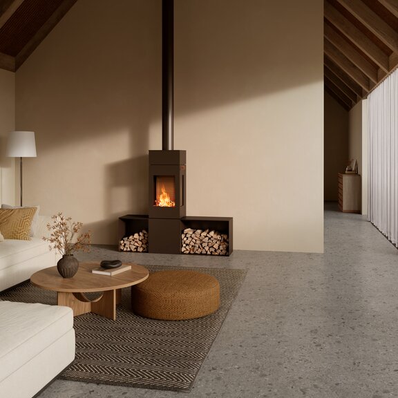  Poêle à bois NEXO 140 couleur moka dans un salon sobre et lumineux