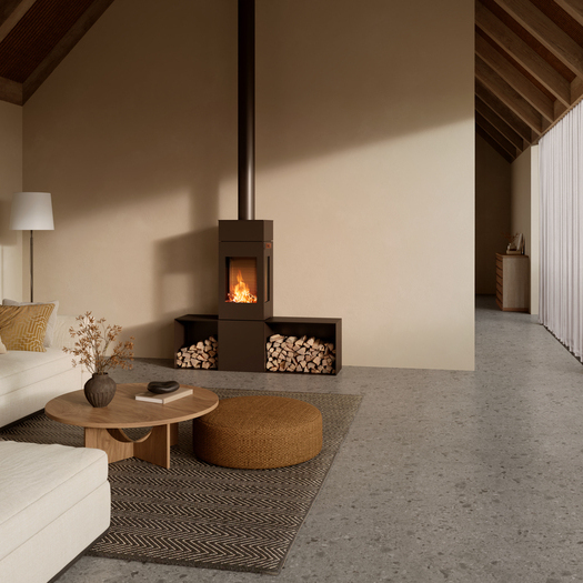  Poêle à bois NEXO 140 couleur moka dans un salon sobre et lumineux