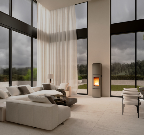 Holz Kaminofen OPAL in der Farbe Platin im luxuriösem Wohnzimmer