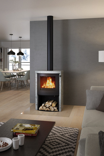 Poêle à bois Q-TEE 2 C pierre ollaire avec porte en acier et compartiment à bois dans la maison d'habitation en différents tons de gris