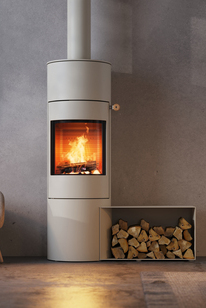 Poêle à bois VIVA 140 L de couleur sable avec porte en acier et banc